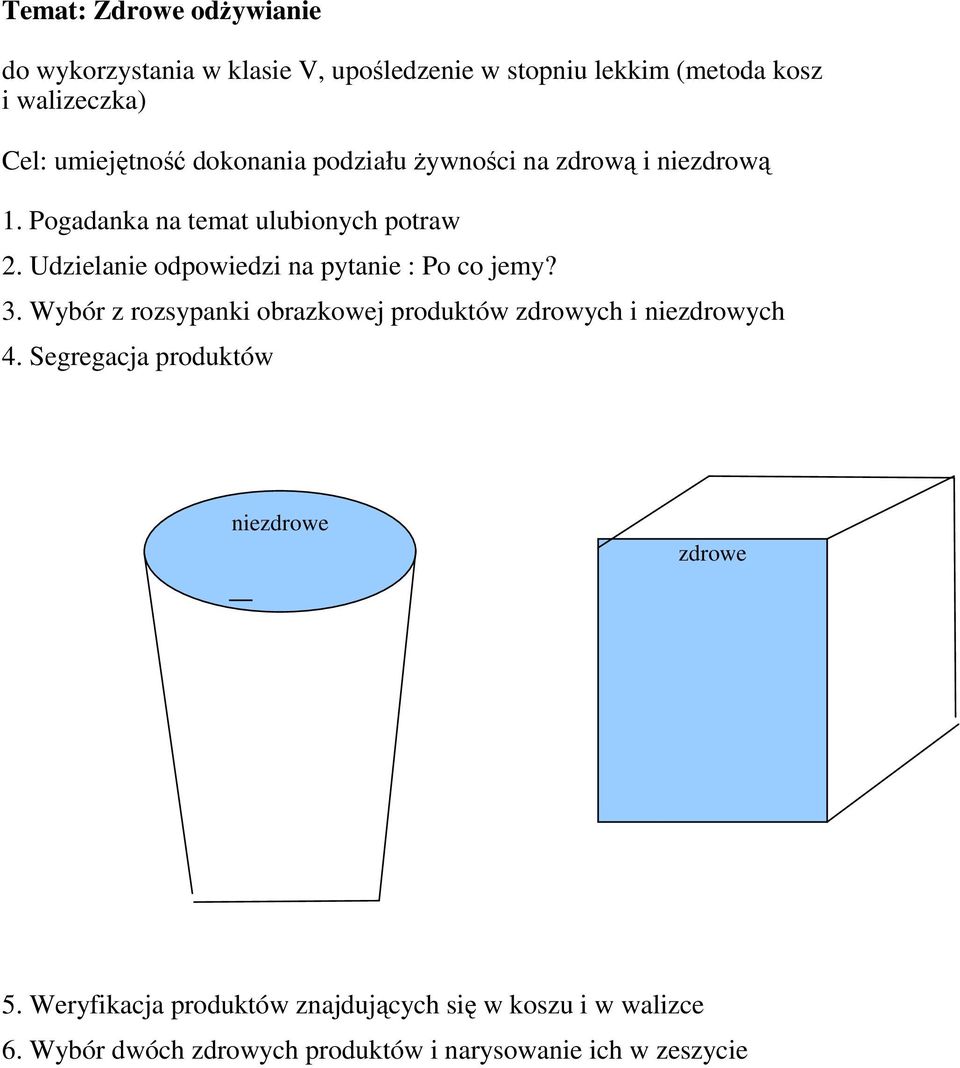 Udzielanie odpowiedzi na pytanie : Po co jemy? 3. Wybór z rozsypanki obrazkowej produktów zdrowych i niezdrowych 4.