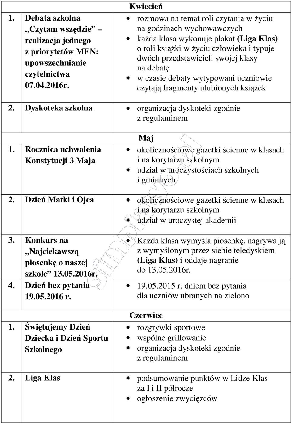 debatę w czasie debaty wytypowani uczniowie czytają fragmenty ulubionych książek 2. Dyskoteka szkolna organizacja dyskoteki zgodnie z regulaminem 1.