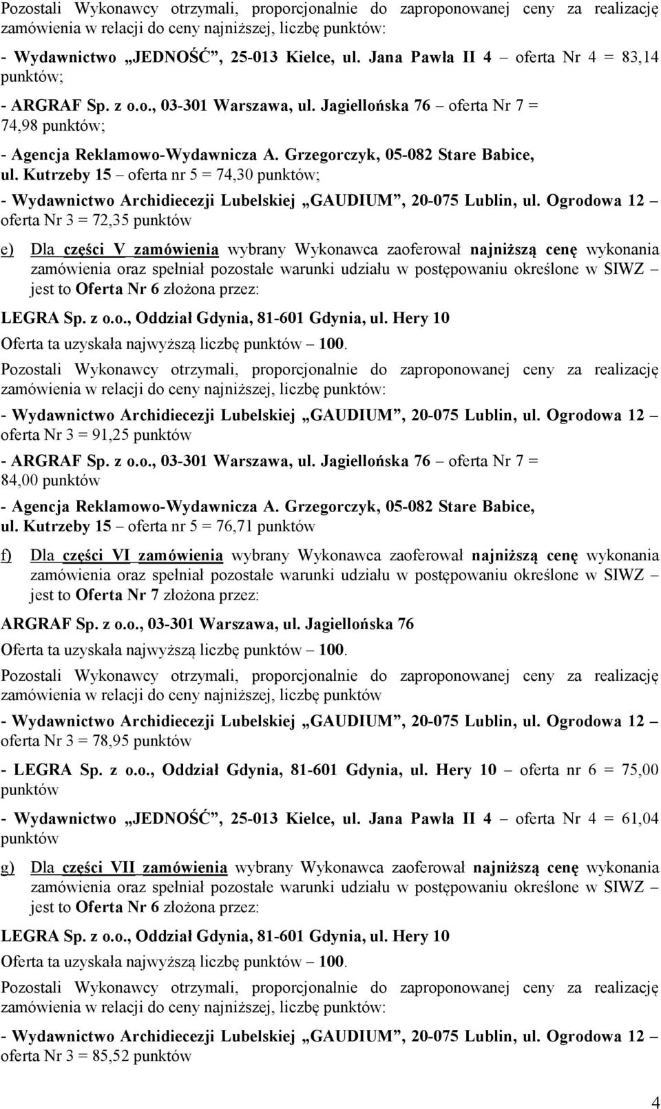 Kutrzeby 15 oferta nr 5 = 76,71 punktów f) Dla części VI zamówienia wybrany Wykonawca zaoferował najniższą cenę wykonania jest to Oferta Nr 7 złożona przez: ARGRAF Sp. z o.o., 03-301 Warszawa, ul.