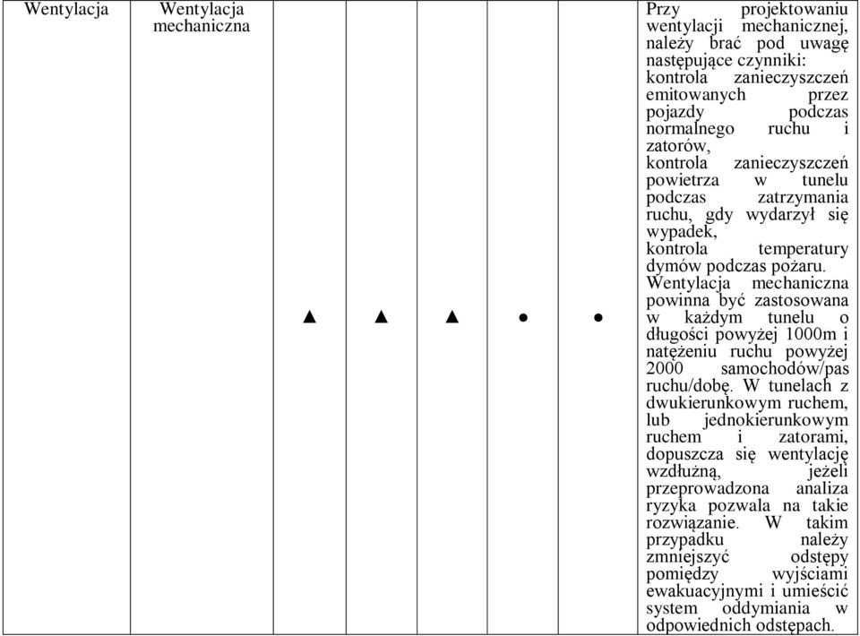 Wentylacja mechaniczna powinna być zastosowana w każdym tunelu o długości powyżej 1000m i natężeniu ruchu powyżej 2000 samochodów/pas ruchu/dobę.