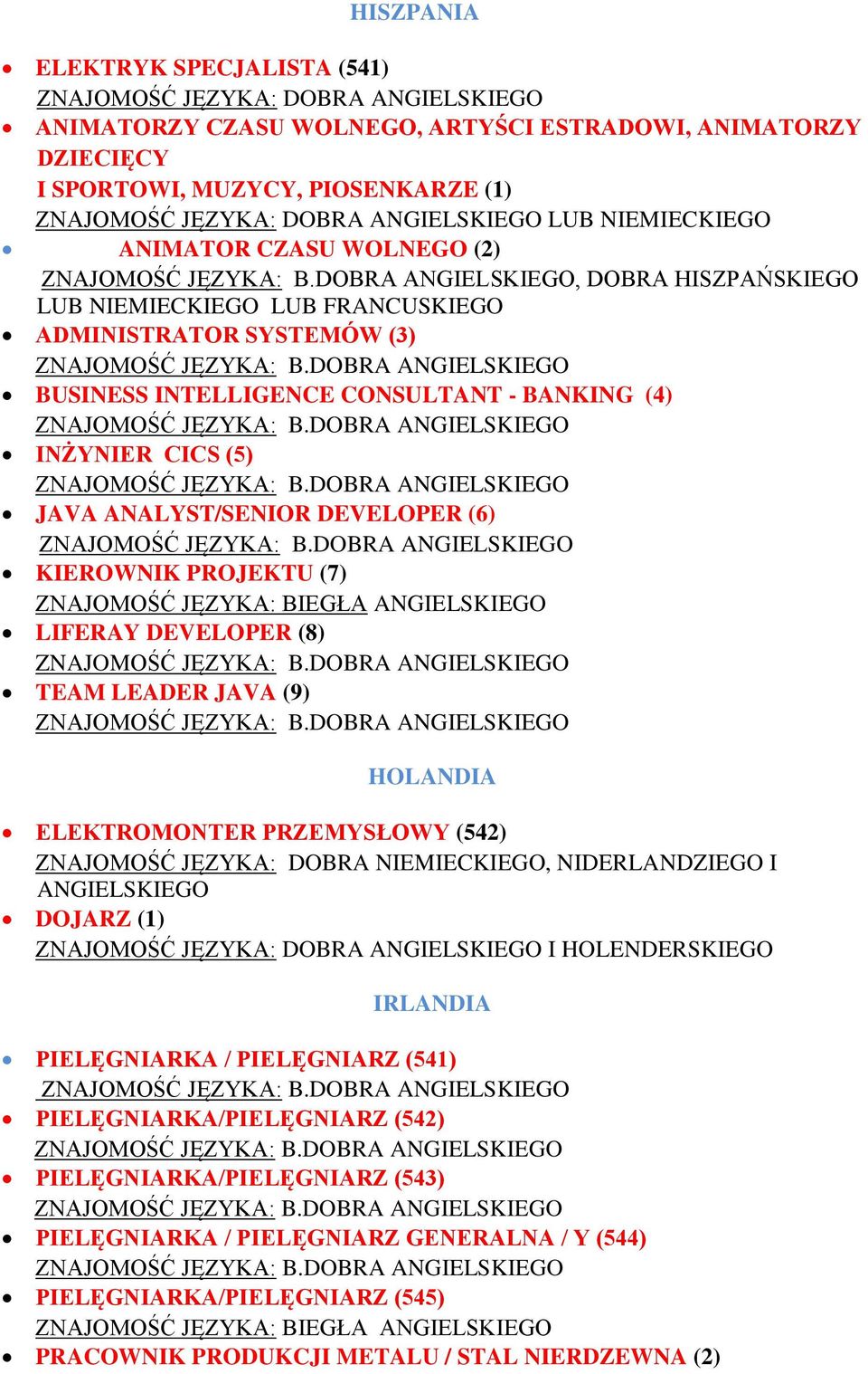 ZNAJOMOŚĆ JĘZYKA: BIEGŁA ANGIELSKIEGO LIFERAY DEVELOPER (8) TEAM LEADER JAVA (9) HOLANDIA ELEKTROMONTER PRZEMYSŁOWY (542), NIDERLANDZIEGO I ANGIELSKIEGO DOJARZ (1) I HOLENDERSKIEGO IRLANDIA