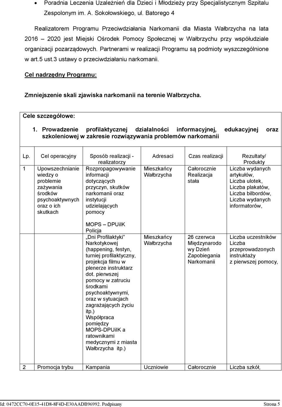 Partnerami w realizacji Programu są podmioty wyszczególnione w art.5 ust.3 ustawy o przeciwdziałaniu narkomanii. Cel nadrzędny Programu: Zmniejszenie skali zjawiska narkomanii na terenie Wałbrzycha.