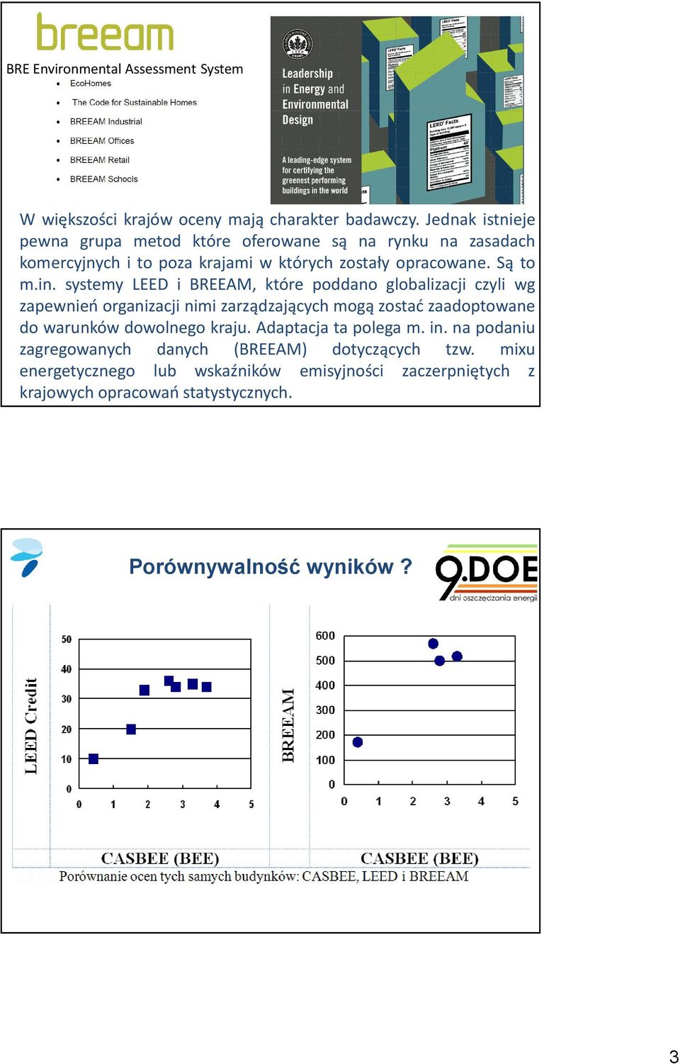systemy LEED i BREEAM, które poddano globalizacji czyli wg zapewnień organizacji nimi zarządzających mogą zostać zaadoptowane do warunków dowolnego