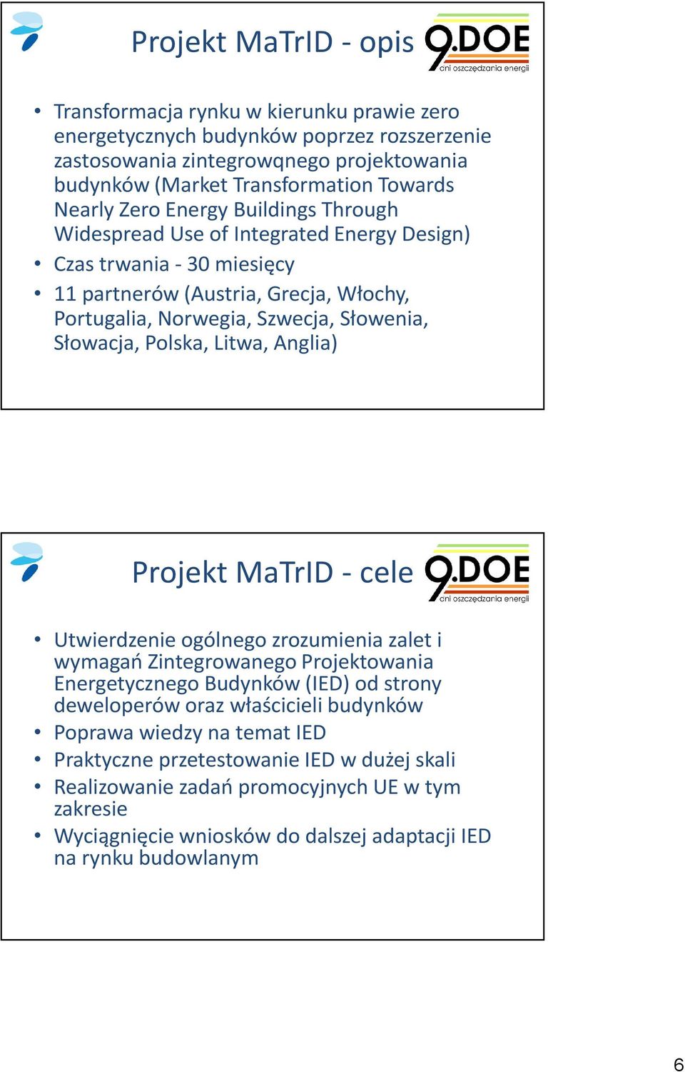 Słowacja, Polska, Litwa, Anglia) Projekt MaTrID - cele Utwierdzenie ogólnego zrozumienia zalet i wymagań Zintegrowanego Projektowania Energetycznego Budynków (IED) od strony deweloperów oraz