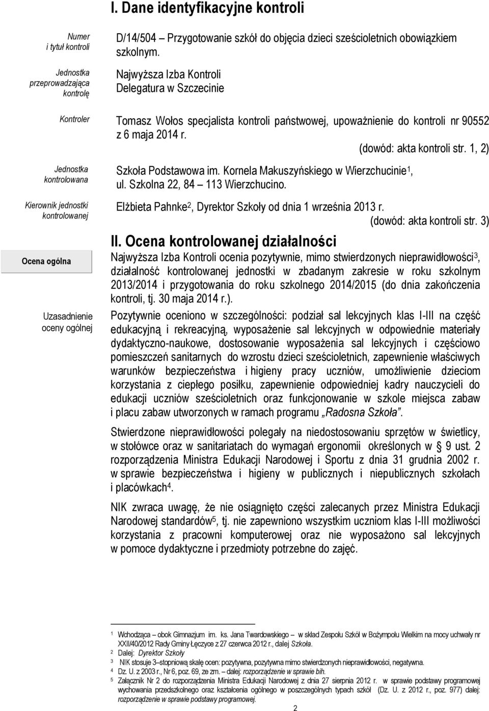 1, 2) Jednostka kontrolowana Kierownik jednostki kontrolowanej Ocena ogólna Uzasadnienie oceny ogólnej Szkoła Podstawowa im. Kornela Makuszyńskiego w Wierzchucinie 1, ul.