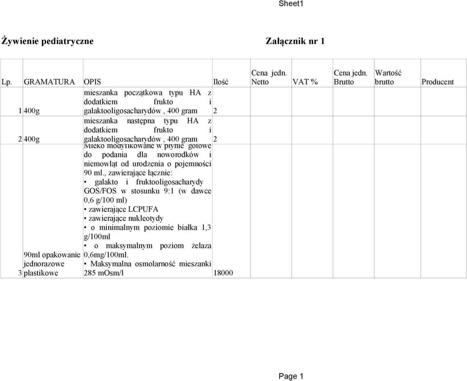 frukto i 2 400g galaktooligosacharydów, 400 gram 2 Mleko modyfikowane w płynie gotowe do podania dla noworodków i niemowląt od urodzenia o pojemności 90 ml.