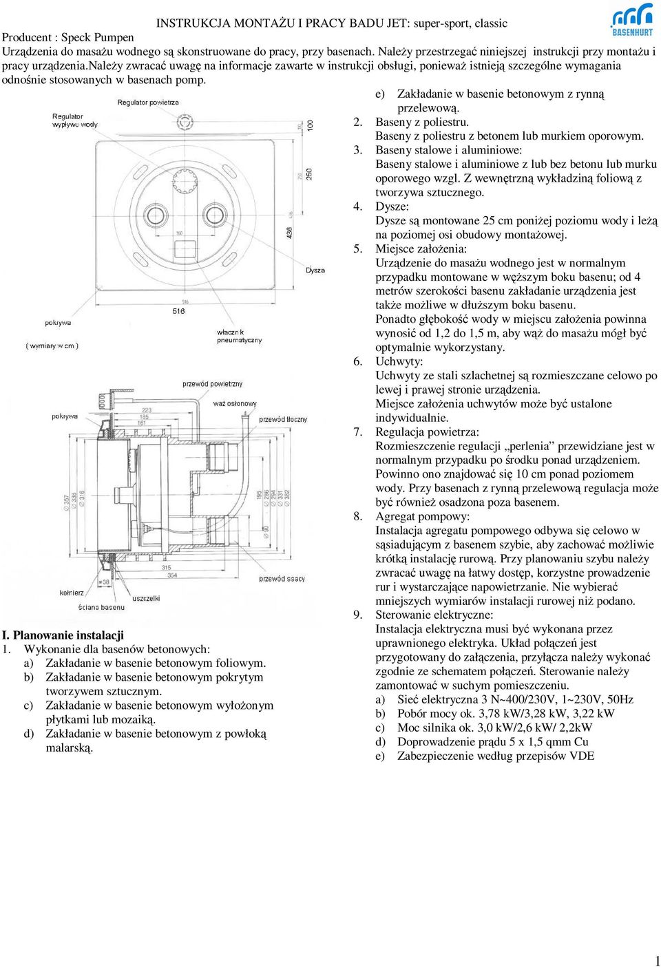 należy zwracać uwagę na informacje zawarte w instrukcji obsługi, ponieważ istnieją szczególne wymagania odnośnie stosowanych w basenach pomp. e) Zakładanie w basenie betonowym z rynną przelewową. 2.