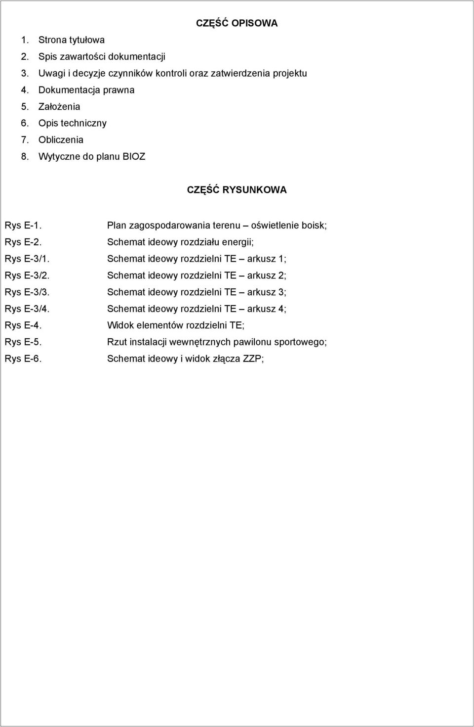 Schemat ideowy rozdziału energii; Rys E-3/1. Schemat ideowy rozdzielni TE arkusz 1; Rys E-3/2. Schemat ideowy rozdzielni TE arkusz 2; Rys E-3/3.