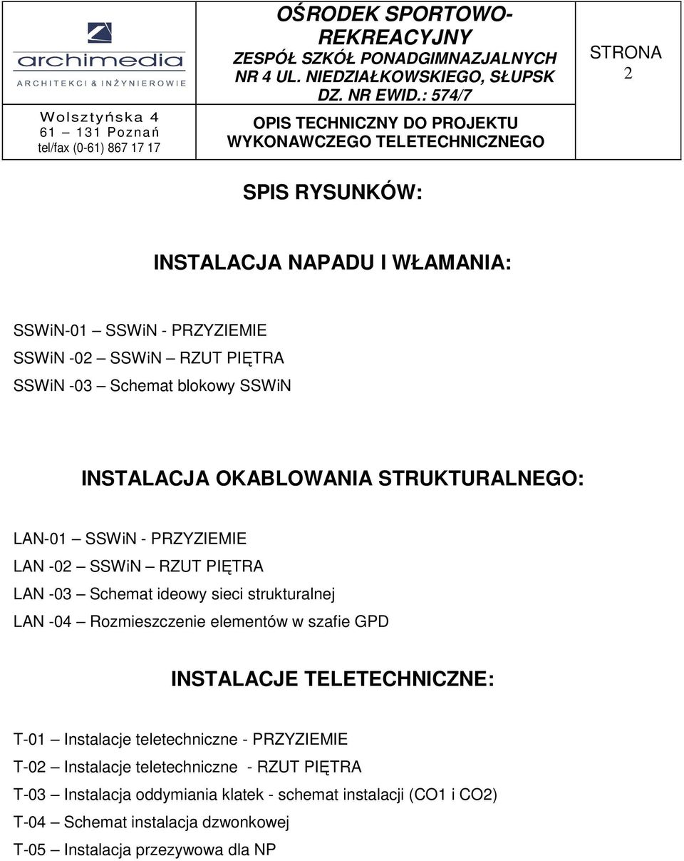 Rozmieszczenie elementów w szafie GPD INSTALACJE TELETECHNICZNE: T-01 Instalacje teletechniczne - PRZYZIEMIE T-02 Instalacje teletechniczne -