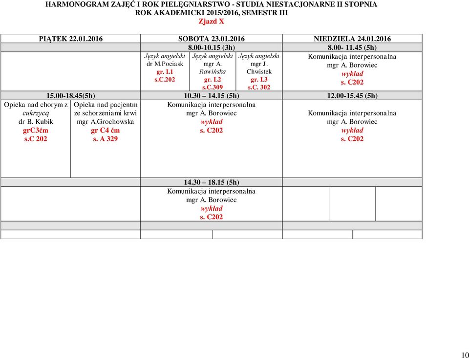 c. 302 15.00-18.45(5h) 10.30 14.15 (5h) 12.00-15.45 (5h) pacjentm Komunikacja interpersonalna ze schorzeniami krwi A.