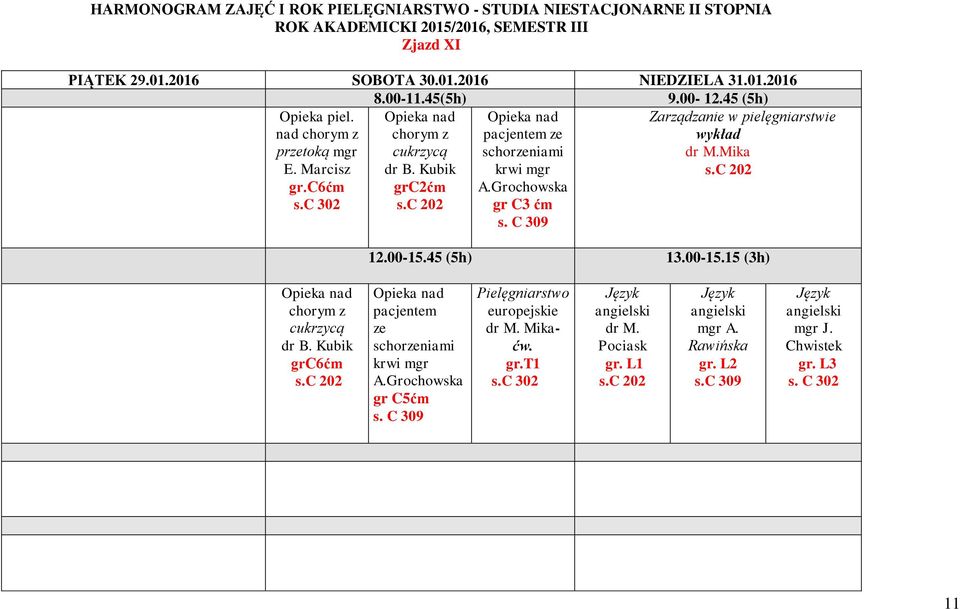 Grochowska gr C3 Zarządzanie w 12.00-15.45 (5h) 13.00-15.15 (3h) Kubik grc6 pacjentem ze schorzeniami krwi A.