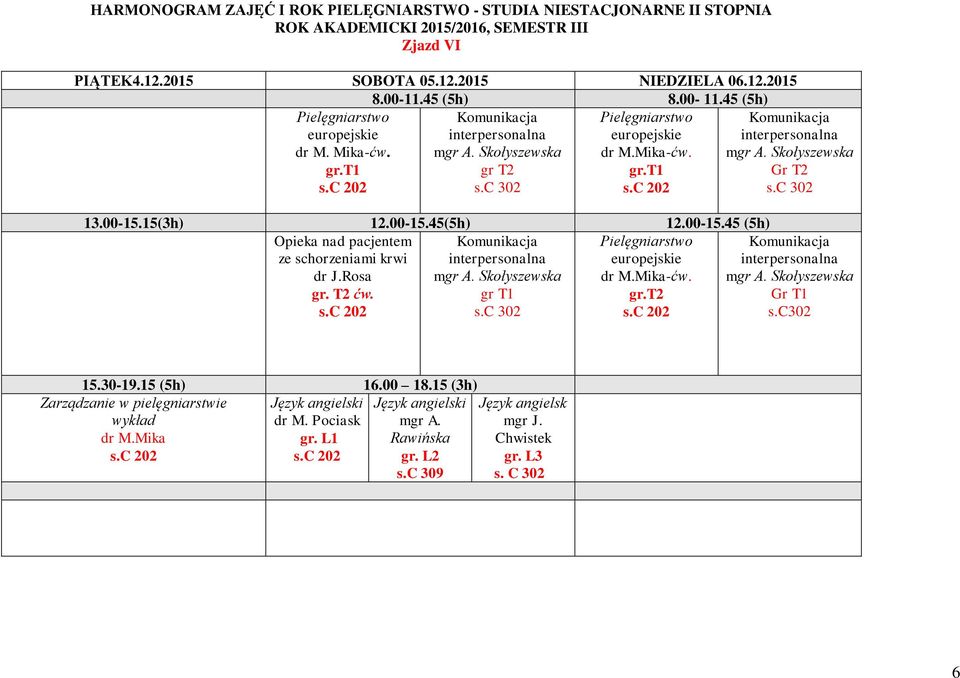 00-15.45 (5h) pacjentem ze schorzeniami krwi dr J.Rosa gr. T2 ćw. Komunikacja interpersonalna A. Skołyszewska gr T1 -ćw. gr.t2 Komunikacja interpersonalna A.