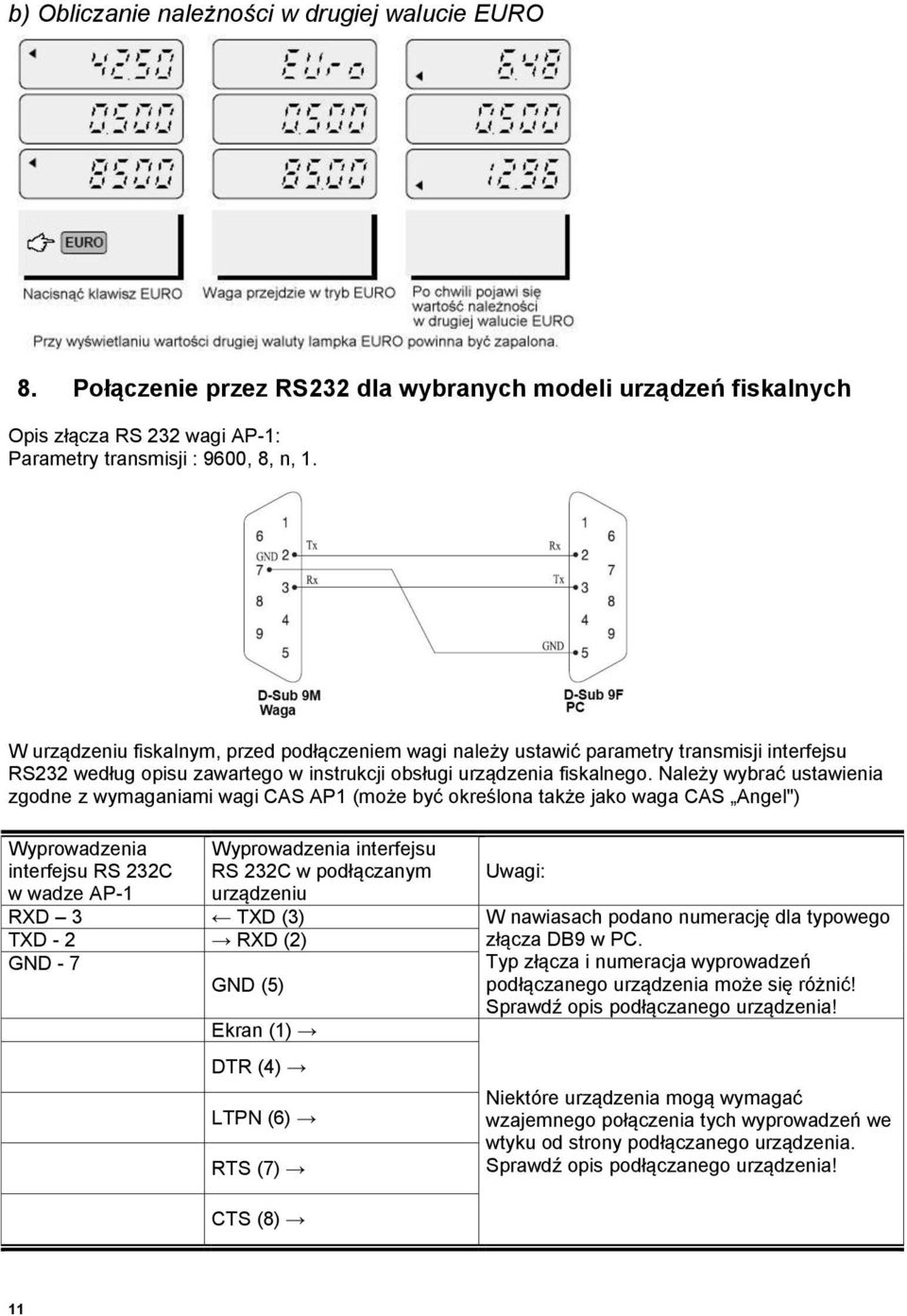 Należy wybrać ustawienia zgodne z wymaganiami wagi CAS AP1 (może być określona także jako waga CAS Angel") Wyprowadzenia interfejsu RS 232C w wadze AP-1 Wyprowadzenia interfejsu RS 232C w podłączanym