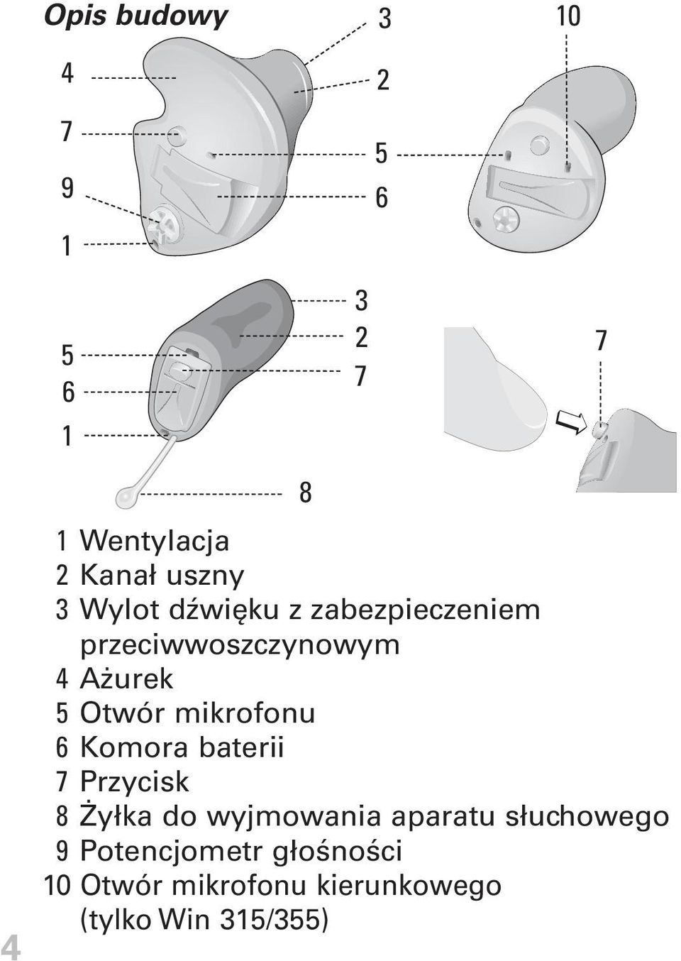 mikrofonu 6 Komora baterii 7 Przycisk 8 Żyłka do wyjmowania aparatu