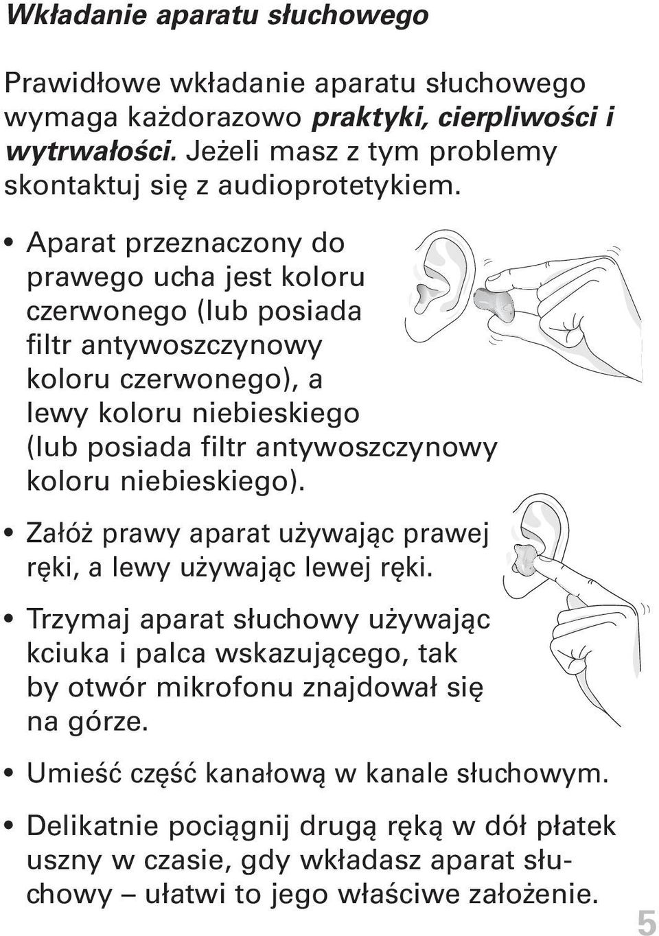 Aparat przeznaczony do prawego ucha jest koloru czerwonego (lub posiada filtr antywoszczynowy koloru czerwonego), a lewy koloru niebieskiego (lub posiada filtr antywoszczynowy koloru