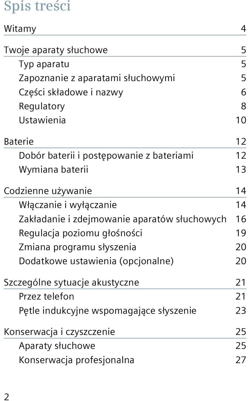 zdejmowanie aparatów słuchowych 16 Regulacja poziomu głośności 19 Zmiana programu słyszenia 20 Dodatkowe ustawienia (opcjonalne) 20 Szczególne