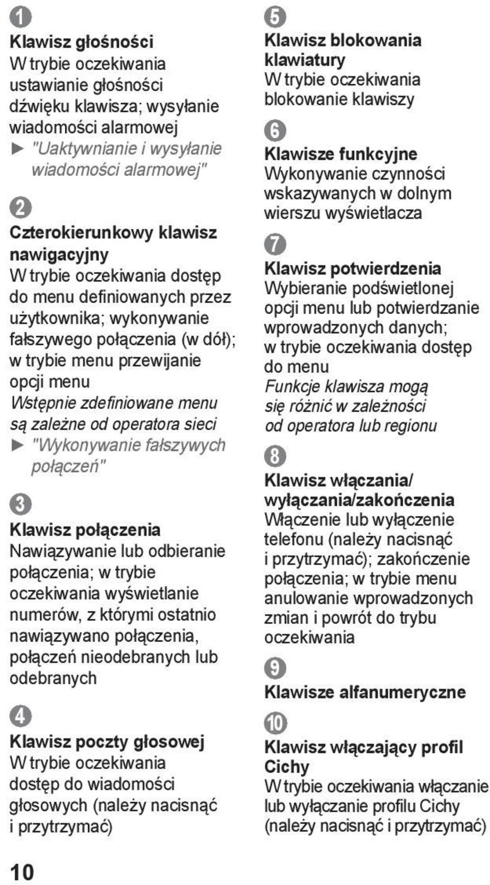 sieci " Wykonywanie fałszywych połączeń" 3 Klawisz połączenia Nawiązywanie lub odbieranie połączenia; w trybie oczekiwania wyświetlanie numerów, z którymi ostatnio nawiązywano połączenia, połączeń