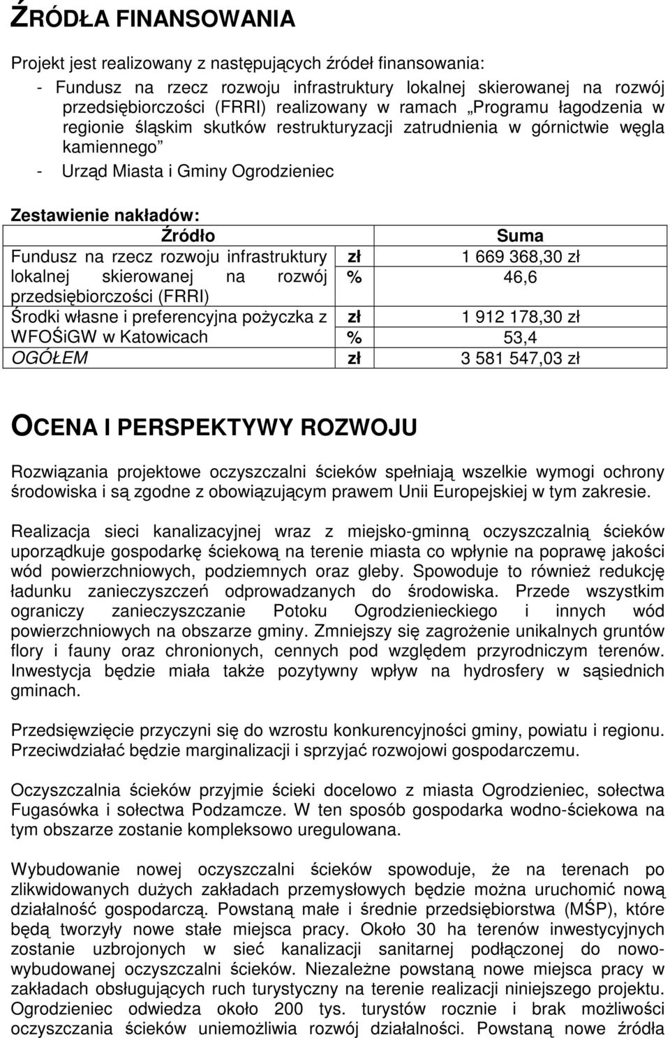 rzecz rozwoju infrastruktury zł 1 669 368,30 zł lokalnej skierowanej na rozwój % 46,6 przedsiębiorczości (FRRI) Środki własne i preferencyjna pożyczka z zł 1 912 178,30 zł WFOŚiGW w Katowicach % 53,4