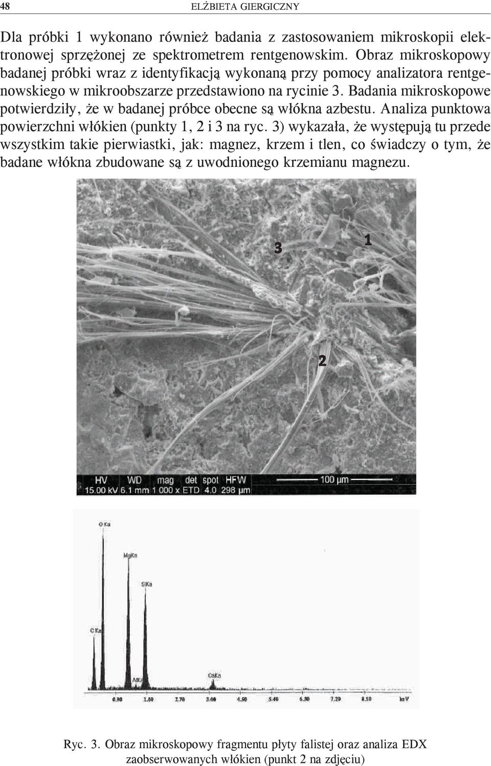 Badania mikroskopowe potwierdziły, że w badanej próbce obecne są włókna azbestu. Analiza punktowa powierzchni włókien (punkty 1, 2 i 3 na ryc.