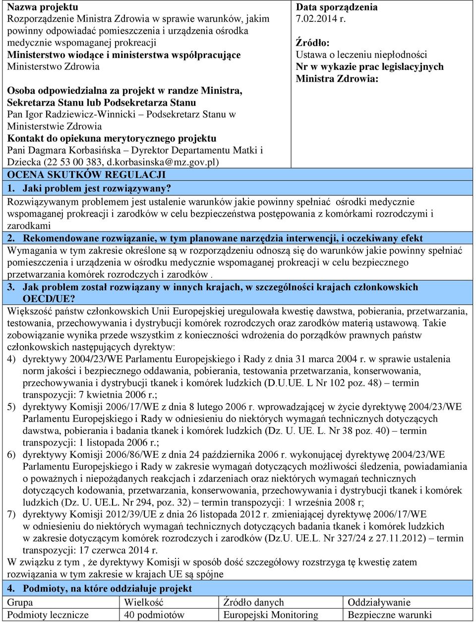 Kontakt do opiekuna merytorycznego projektu Pani Dagmara Korbasińska Dyrektor Departamentu Matki i Dziecka (22 53 00 383, d.korbasinska@mz.gov.pl) Data sporządzenia 7.02.2014 r.