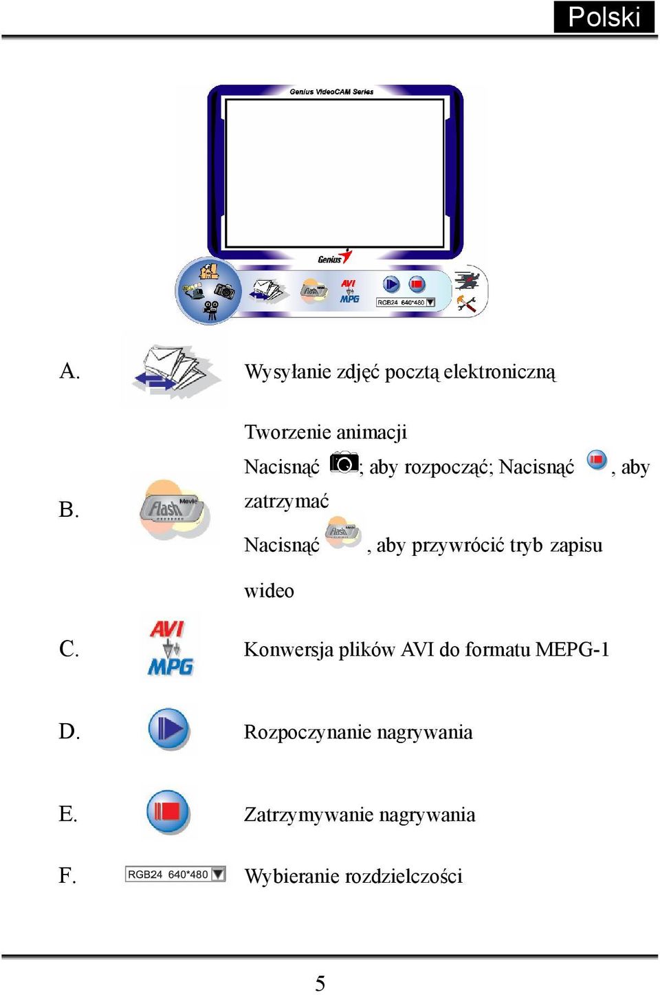 Nacisnąć, aby przywrócić tryb zapisu wideo C.