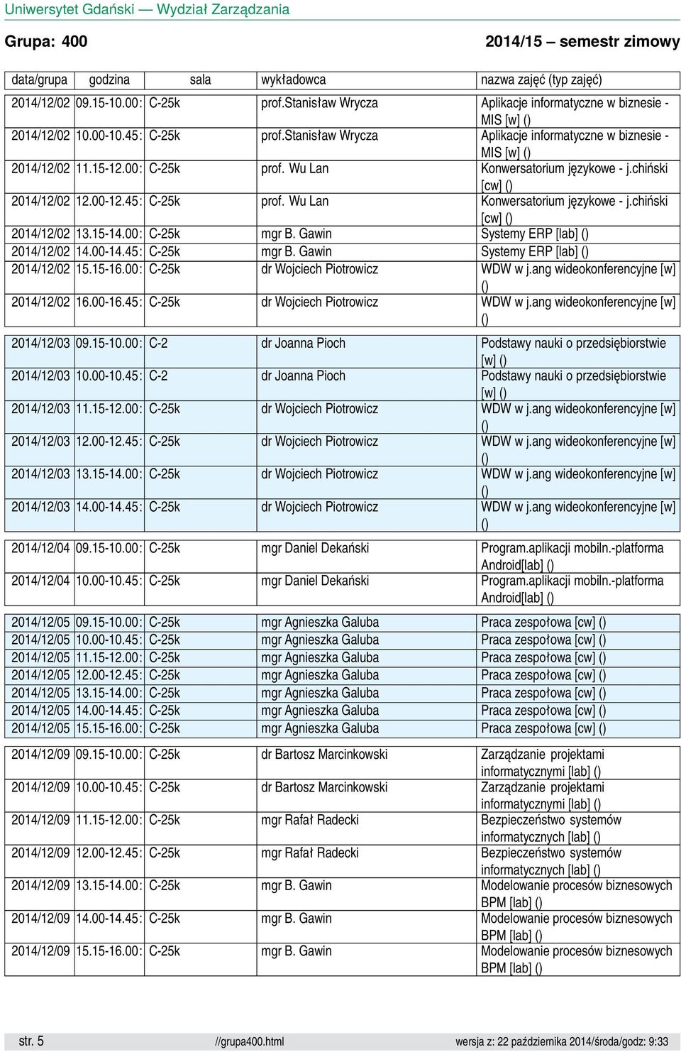 Wu Lan Konwersatorium językowe - j.chiński [cw] 2014/12/02 13.15-14.00: C-25k mgr B. Gawin Systemy ERP [lab] 2014/12/02 14.00-14.45: C-25k mgr B. Gawin Systemy ERP [lab] 2014/12/02 15.15-16.