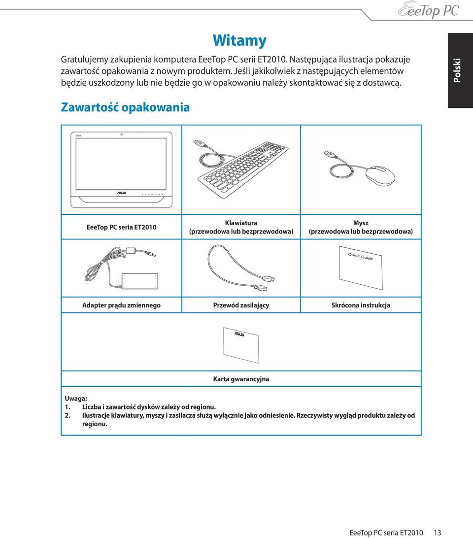 Zawartość opakowania EeeTop PC seria ET2010 Klawiatura (przewodowa lub bezprzewodowa) Mysz (przewodowa lub bezprzewodowa) Adapter prądu zmiennego Przewód zasilający Skrócona