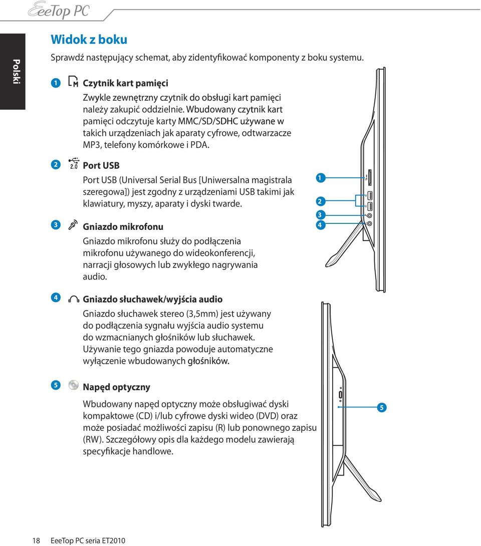 2 Port USB Port USB (Universal Serial Bus [Uniwersalna magistrala szeregowa]) jest zgodny z urządzeniami USB takimi jak klawiatury, myszy, aparaty i dyski twarde.