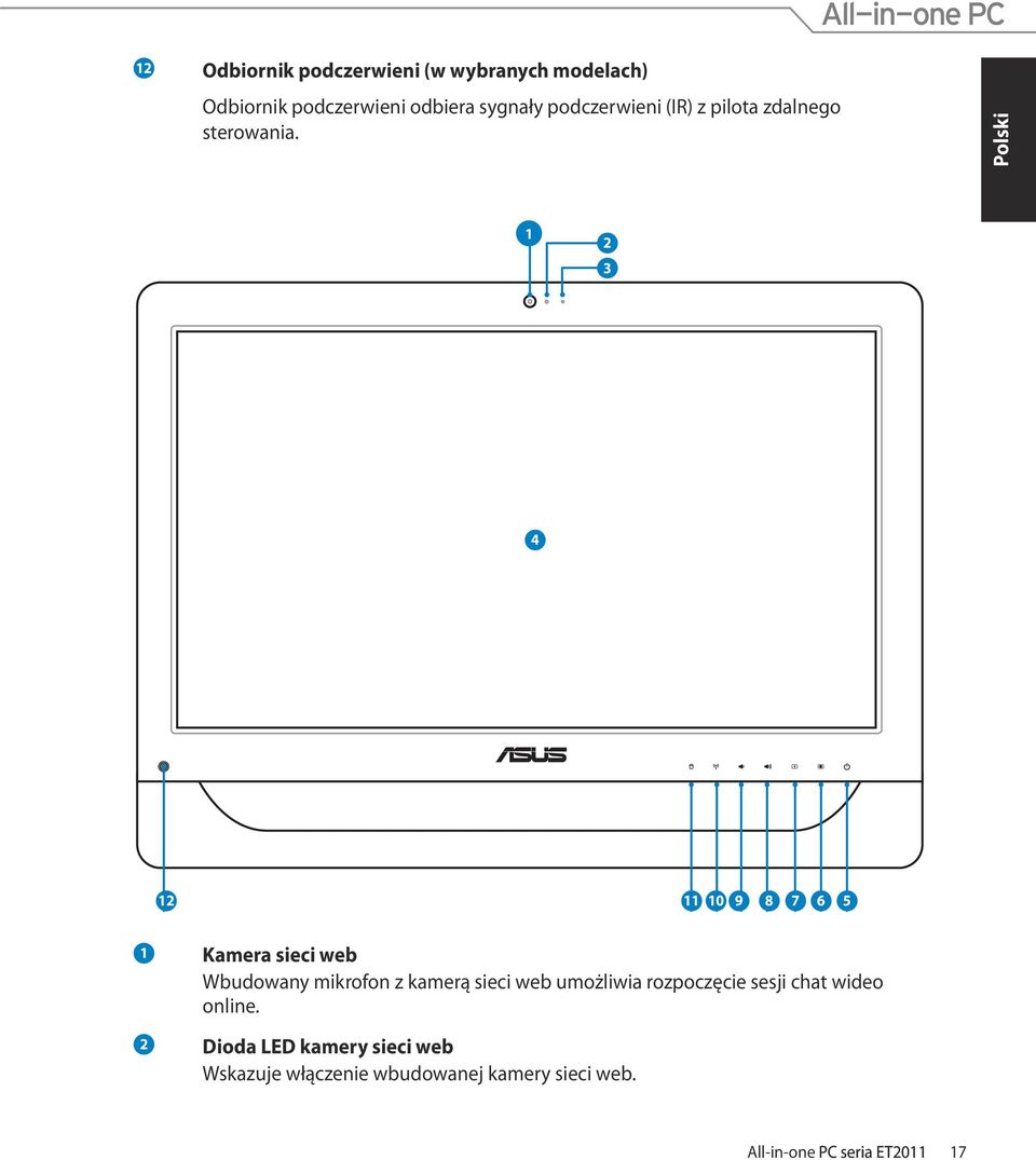 1 2 3 4 12 11 10 9 8 7 6 5 1 2 Kamera sieci web Wbudowany mikrofon z kamerą sieci web