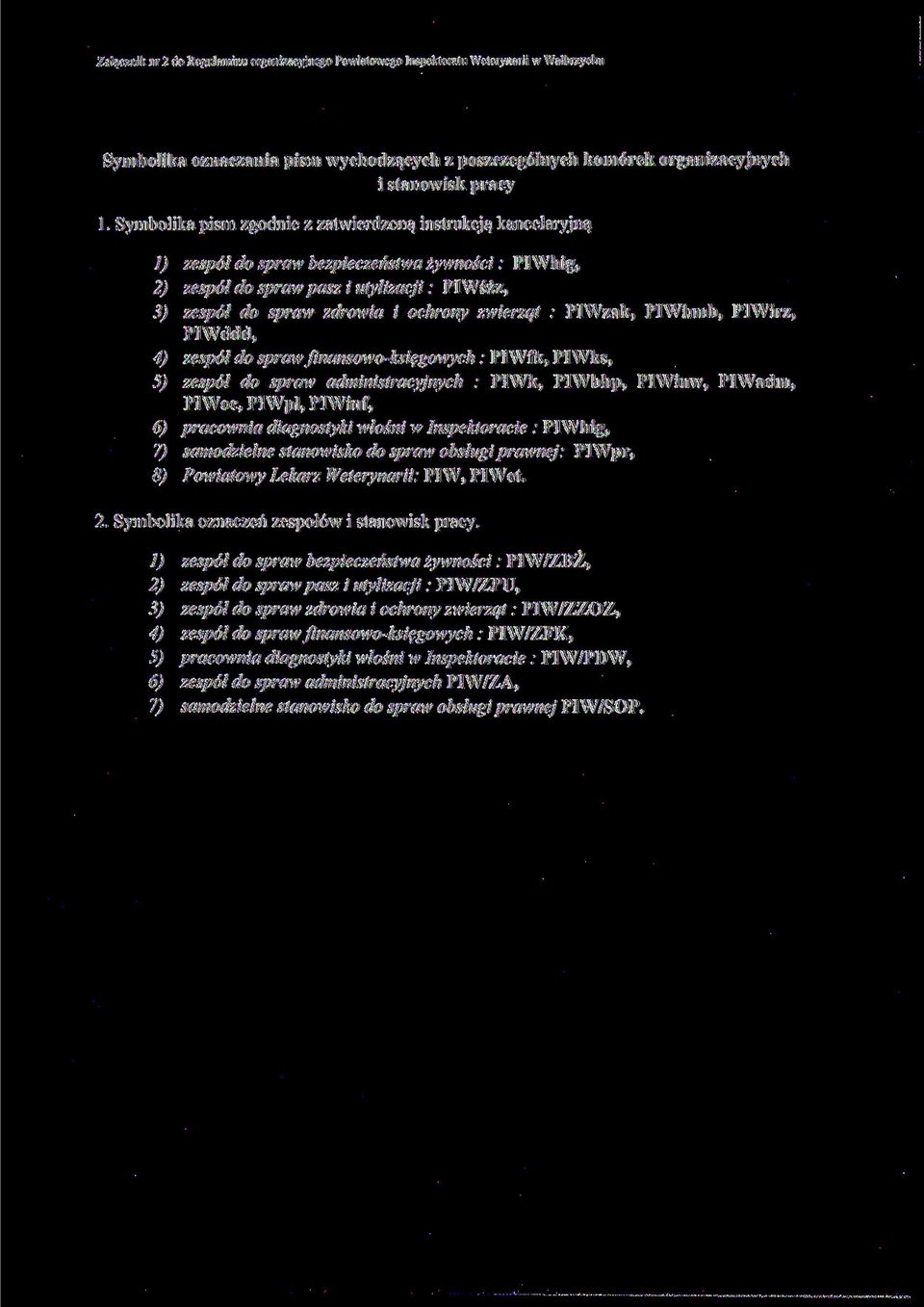 zwierząt : PIWzak, PlWhmb, PlWirz, PIWddd, 4) zespół do spraw fmansowo-księgowych : PlWfk, PIWks, 5) zespół do spraw administracyjnych : PlWk, PIWbhp, PlWinw, PlWadm, PIWoc, PIWpł, PlWinf, 6)