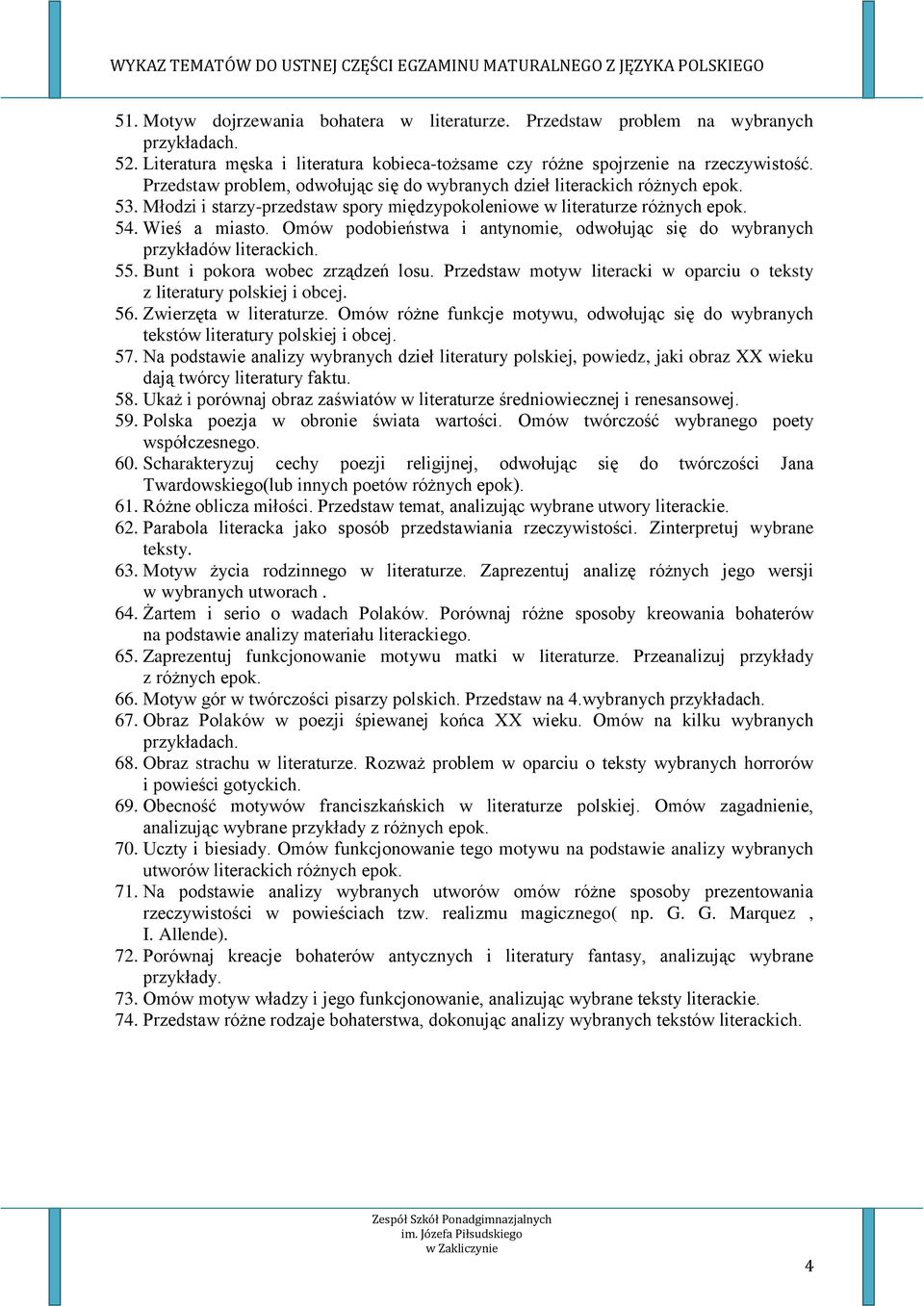 Omów podobieństwa i antynomie, odwołując się do wybranych przykładów literackich. 55. Bunt i pokora wobec zrządzeń losu. Przedstaw motyw literacki w oparciu o teksty z literatury polskiej i obcej. 56.