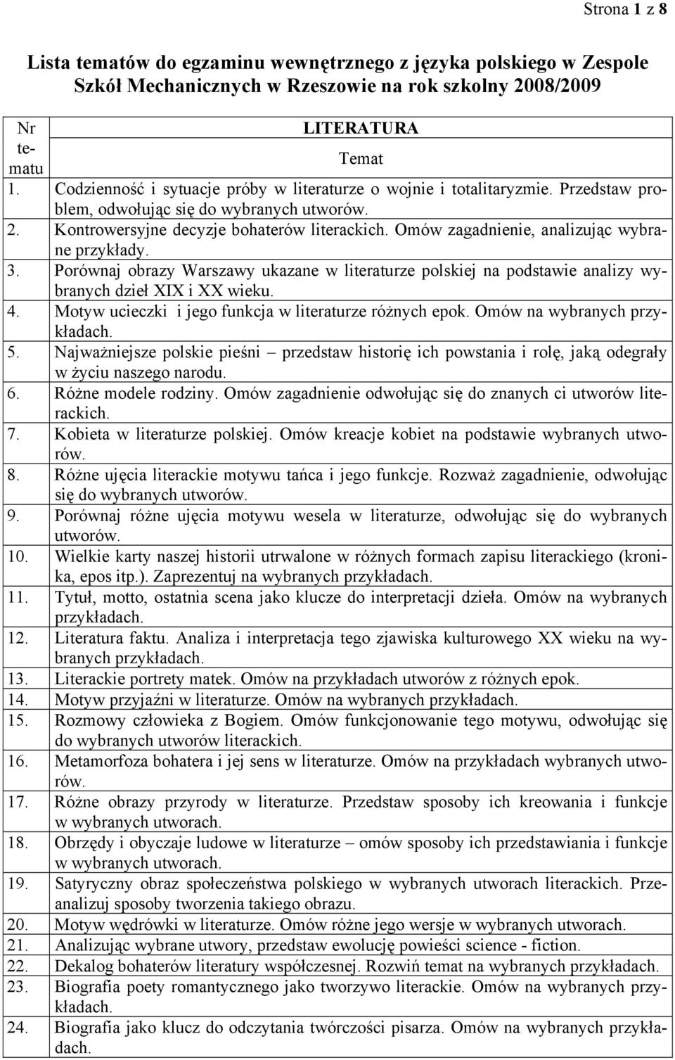 Porównaj obrazy Warszawy ukazane w literaturze polskiej na podstawie analizy wybranych dzieł XIX i XX wieku. 4. Motyw ucieczki i jego funkcja w literaturze różnych epok. Omów na wybranych 5.