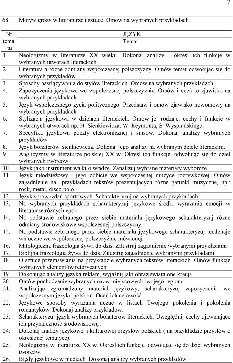 Zapożyczenia językowe we współczesnej polszczyźnie. Omów i oceń to zjawisko na wybranych 5. Język współczesnego życia politycznego. Przedstaw i omów zjawisko nowomowy na wybranych 6.