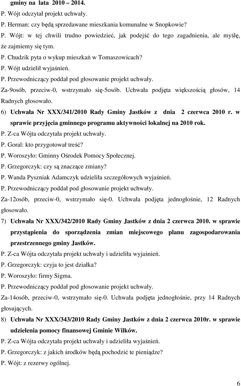 6) Uchwała Nr XXX/341/2010 Rady Gminy Jastków z dnia 2 czerwca 2010 r. w sprawie przyjęcia gminnego programu aktywności lokalnej na 2010 rok. P. Z-ca Wójta odczytała projekt uchwały. P. Goral: kto przygotował treść?