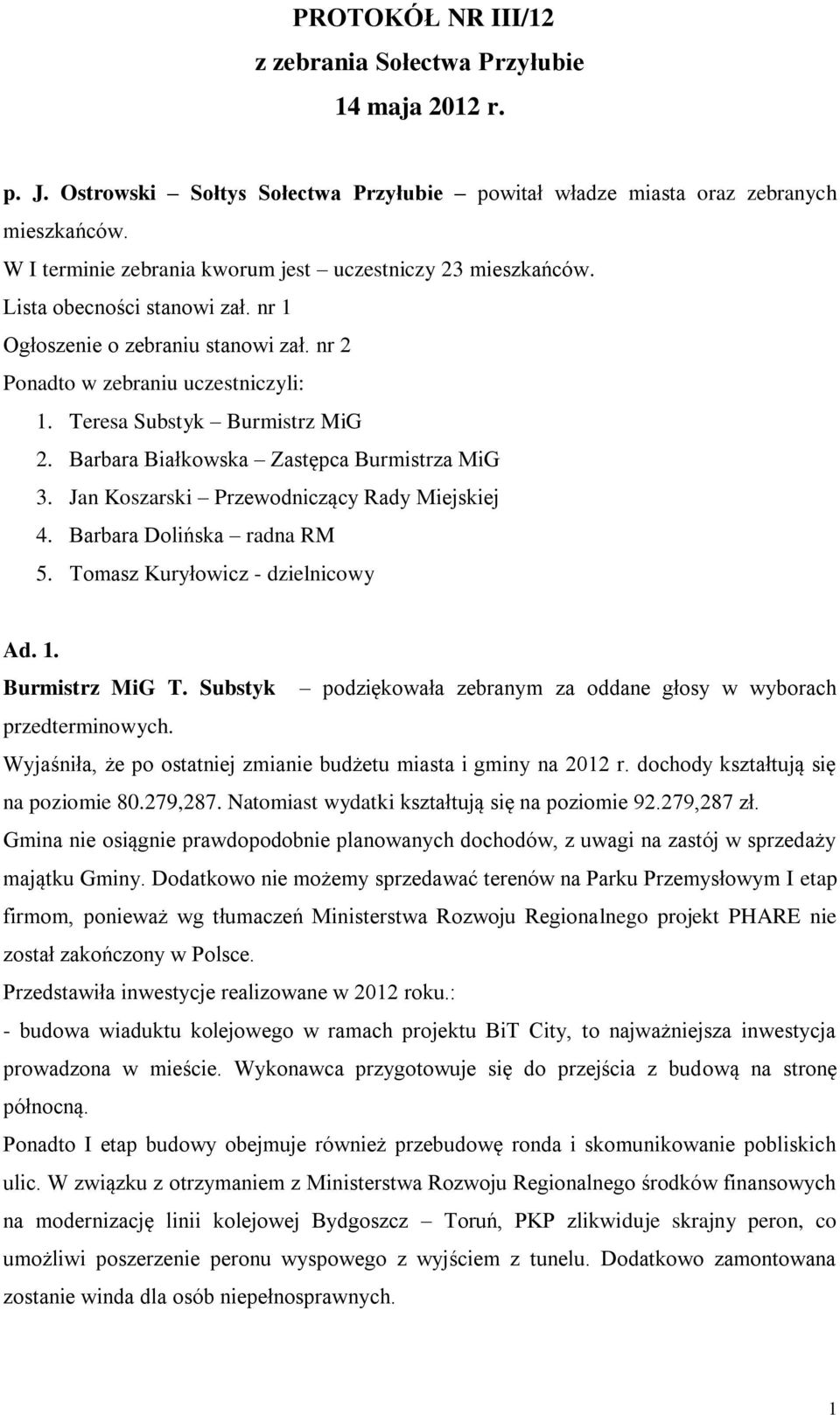 Teresa Substyk Burmistrz MiG 2. Barbara Białkowska Zastępca Burmistrza MiG 3. Jan Koszarski Przewodniczący Rady Miejskiej 4. Barbara Dolińska radna RM 5. Tomasz Kuryłowicz - dzielnicowy Ad. 1.