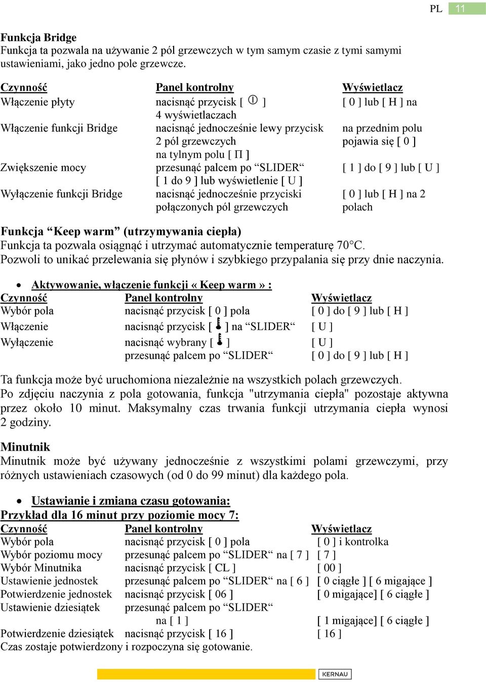 grzewczych pojawia się [ 0 ] na tylnym polu [ Π ] Zwiększenie mocy przesunąć palcem po SLIDER [ 1 ] do [ 9 ] lub [ U ] [ 1 do 9 ] lub wyświetlenie [ U ] Wyłączenie funkcji Bridge nacisnąć