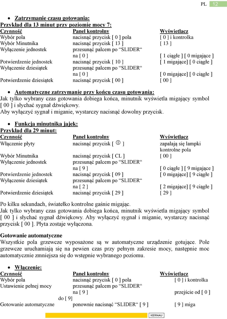 dziesiątek przesunąć palcem po SLIDER na [ 0 ] [ 0 migające] [ 0 ciągłe ] Potwierdzenie dziesiątek nacisnąć przycisk [ 00 ] [ 00 ] Automatyczne zatrzymanie przy końcu czasu gotowania: Jak tylko