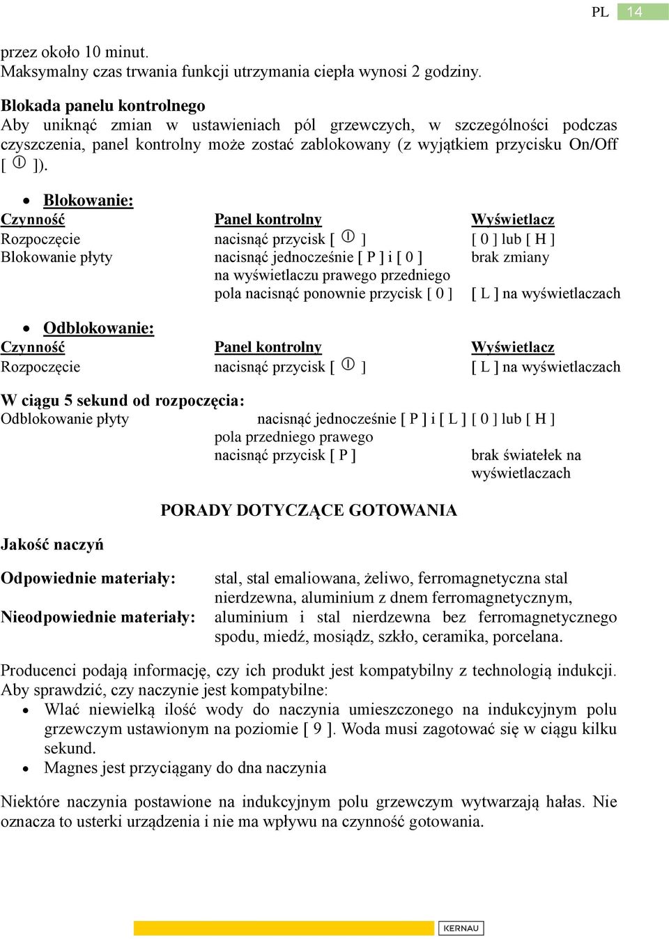 Blokowanie: Czynność Panel kontrolny Wyświetlacz Rozpoczęcie nacisnąć przycisk [ ] [ 0 ] lub [ H ] Blokowanie płyty nacisnąć jednocześnie [ P ] i [ 0 ] brak zmiany na wyświetlaczu prawego przedniego