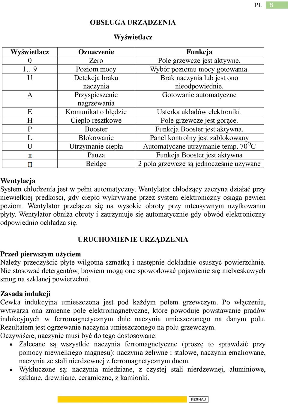 H Ciepło resztkowe Pole grzewcze jest gorące. P Booster Funkcja Booster jest aktywna. L Blokowanie Panel kontrolny jest zablokowany U Utrzymanie ciepła Automatyczne utrzymanie temp.