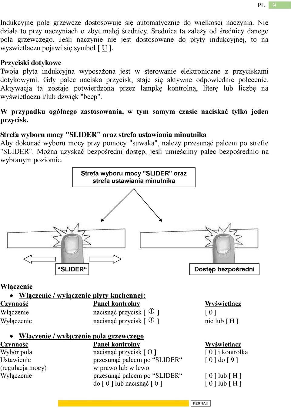 Przyciski dotykowe Twoja płyta indukcyjna wyposażona jest w sterowanie elektroniczne z przyciskami dotykowymi. Gdy palec naciska przycisk, staje się aktywne odpowiednie polecenie.