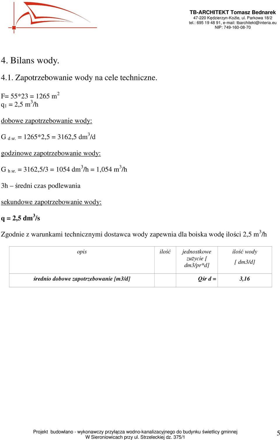 = 1265*2,5 = 3162,5 dm 3 /d godzinowe zapotrzebowanie wody: G h sr.
