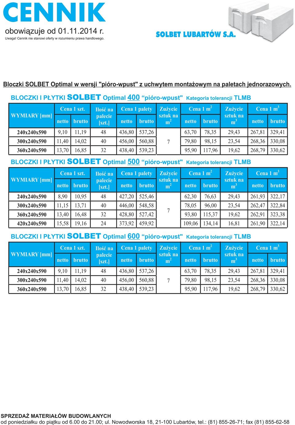 BLOCZKI I P YTKI SOLBET Optimal 400 pióro-wpust" Kategoria tolerancji TLMB 40x40x590 00x40x590 60x40x590 BLOCZKI I P YTKI SOLBET Optimal 500 pióro-wpust" Kategoria tolerancji TLMB 40x40x590 00x40x590