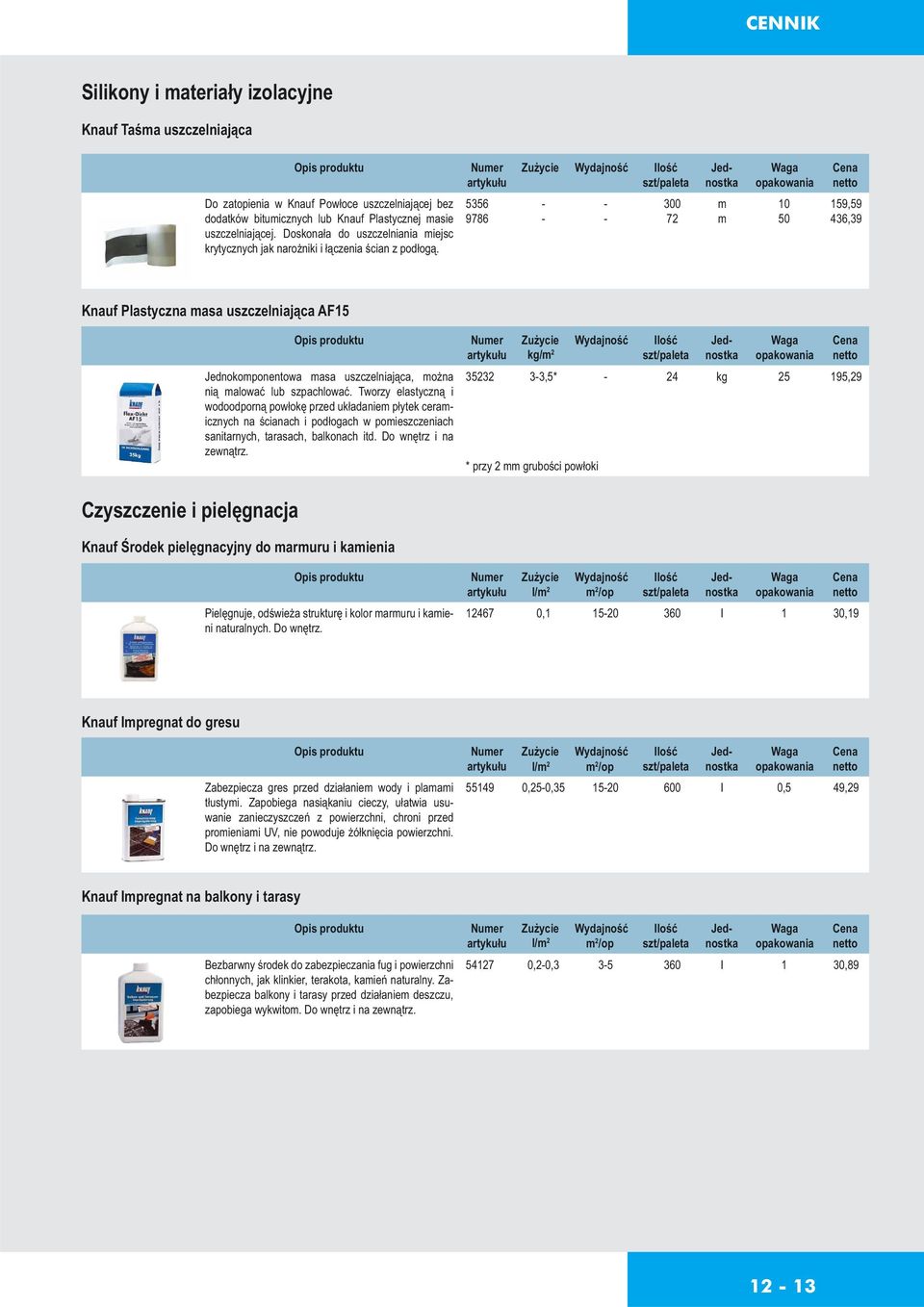 5356 - - 300 m 10 159,59 9786 - - 72 m 50 436,39 Knauf Plastyczna masa uszczelniająca AF15 Jednokomponentowa masa uszczelniająca, można nią malować lub szpachlować.