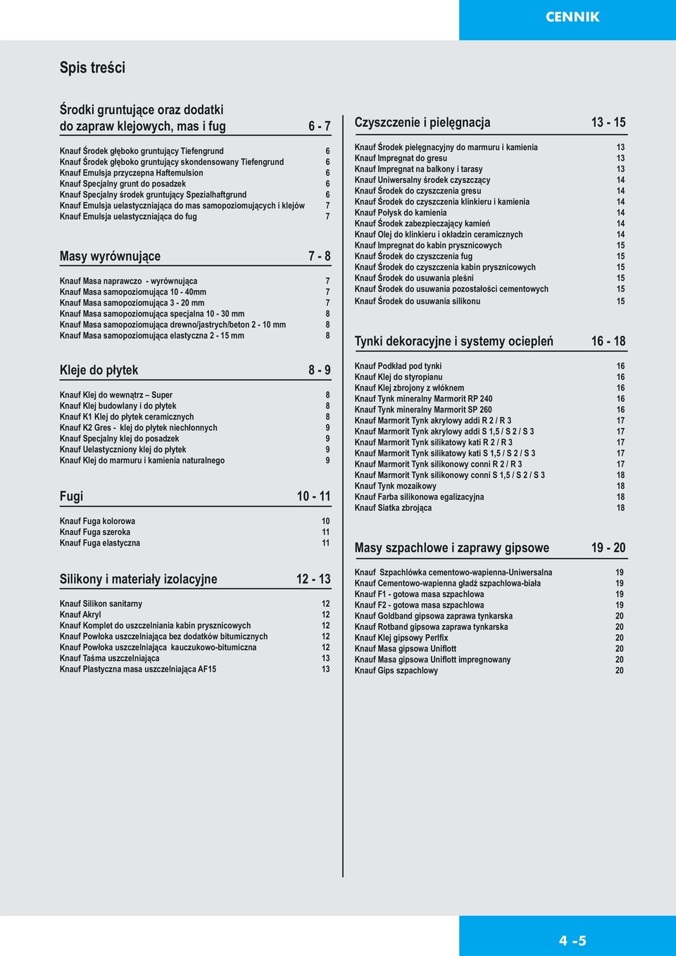 Emulsja uelastyczniająca do fug 7 Masy wyrównujące 7-8 Knauf Masa naprawczo - wyrównująca 7 Knauf Masa samopoziomująca 10-40mm 7 Knauf Masa samopoziomująca 3-20 mm 7 Knauf Masa samopoziomująca