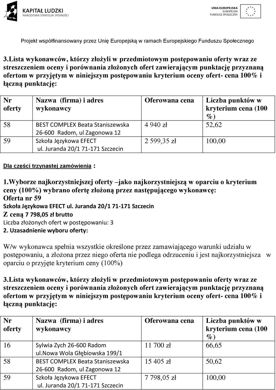 Wyborze najkorzystniejszej jako najkorzystniejszą w oparciu o kryterium ceny (100 wybrano ofertę złożoną przez następującego wykonawcę: Oferta nr 59 Szkoła Językowa EFECT ul.