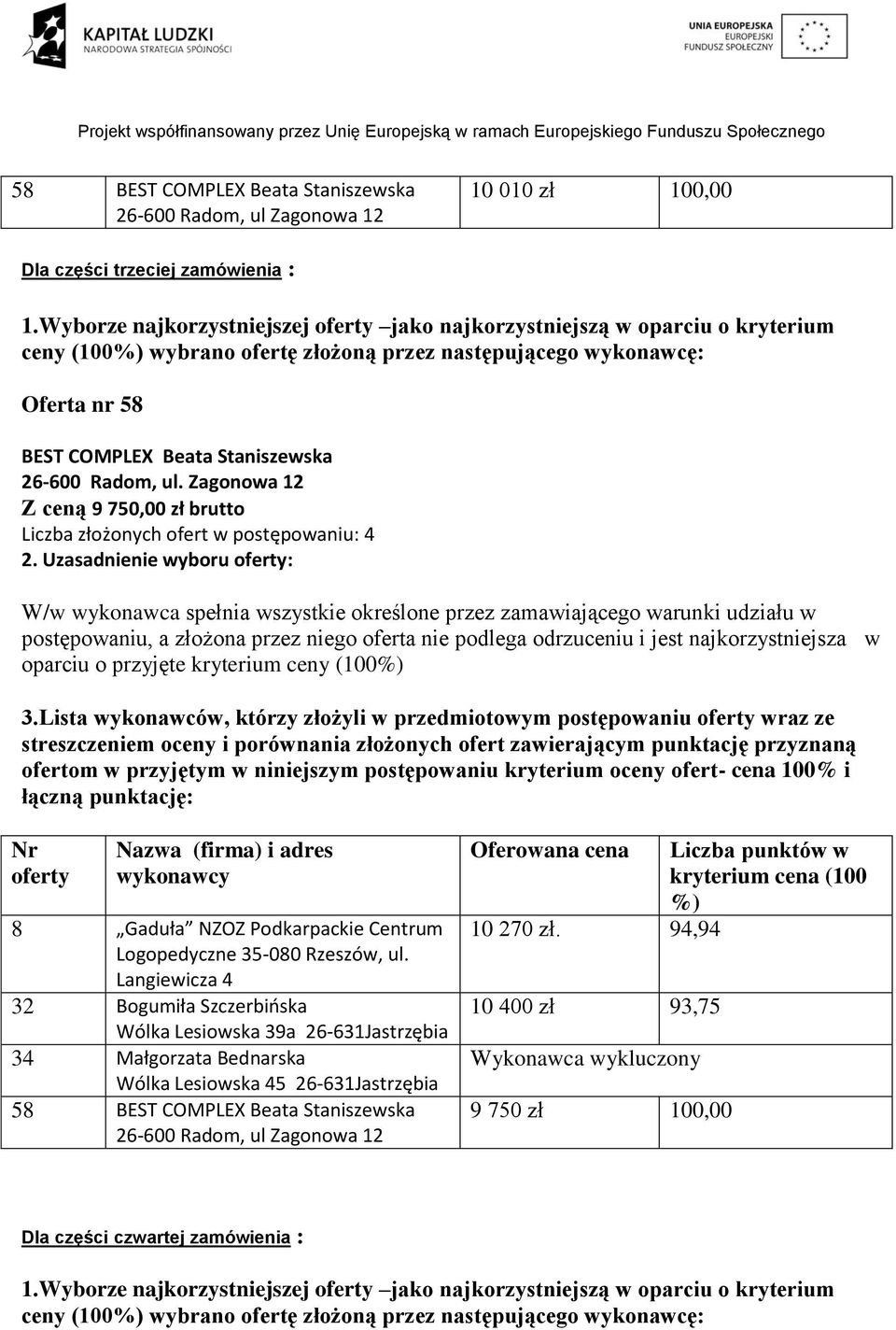 Zagonowa 12 Z ceną 9 750,00 zł brutto Liczba złożonych ofert w postępowaniu: 4 2. Uzasadnienie wyboru : oparciu o przyjęte kryterium ceny (100 3.