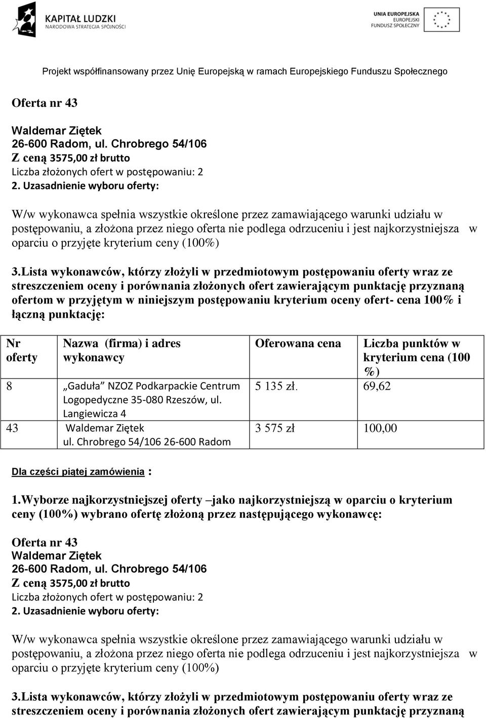 Wyborze najkorzystniejszej jako najkorzystniejszą w oparciu o kryterium ceny (100 wybrano ofertę złożoną przez następującego wykonawcę: Lista wykonawców, którzy złożyli w przedmiotowym