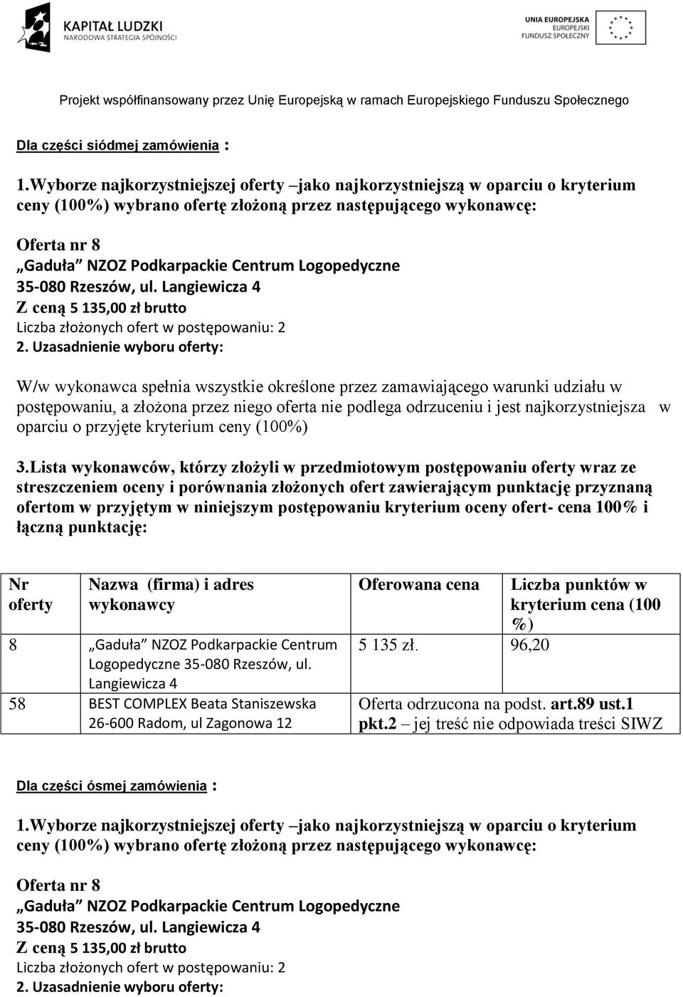 35-080 Rzeszów, ul. Z ceną 5 135,00 zł brutto Liczba złożonych ofert w postępowaniu: 2 2. Uzasadnienie wyboru : oparciu o przyjęte kryterium ceny (100 3.