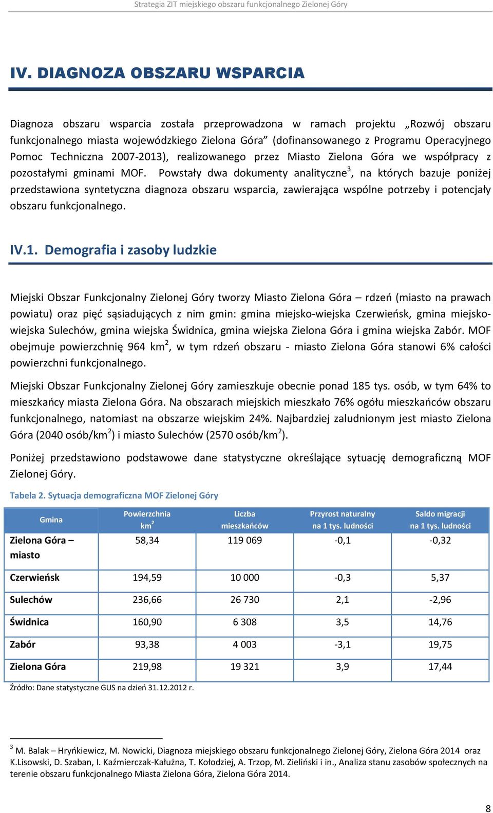 Powstały dwa dokumenty analityczne 3, na których bazuje poniżej przedstawiona syntetyczna diagnoza obszaru wsparcia, zawierająca wspólne potrzeby i potencjały obszaru funkcjonalnego. IV.1.