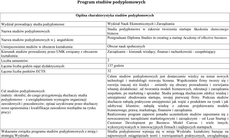 Studies in creating a startup Academy of effective business Umiejscowienie studiów w obszarze kształcenia: Obszar nauk społecznych Kierunek studiów prowadzony przez UMK związany z obszarem